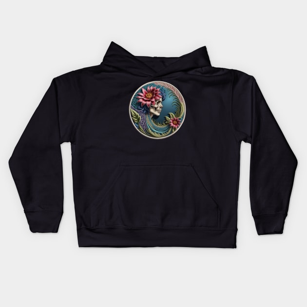 Floral Grateful Skeleton Embroidered Patch Kids Hoodie by Xie